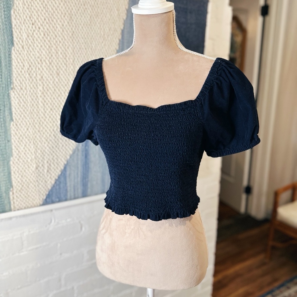 American Eagle 100% Cotton Navy Microcord & Smocked Puff Sleeve Blouse